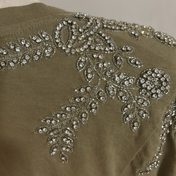 Sandro women's green cotton T-shirt with embroidery and rhinestone flowers - Picture 7 of 16